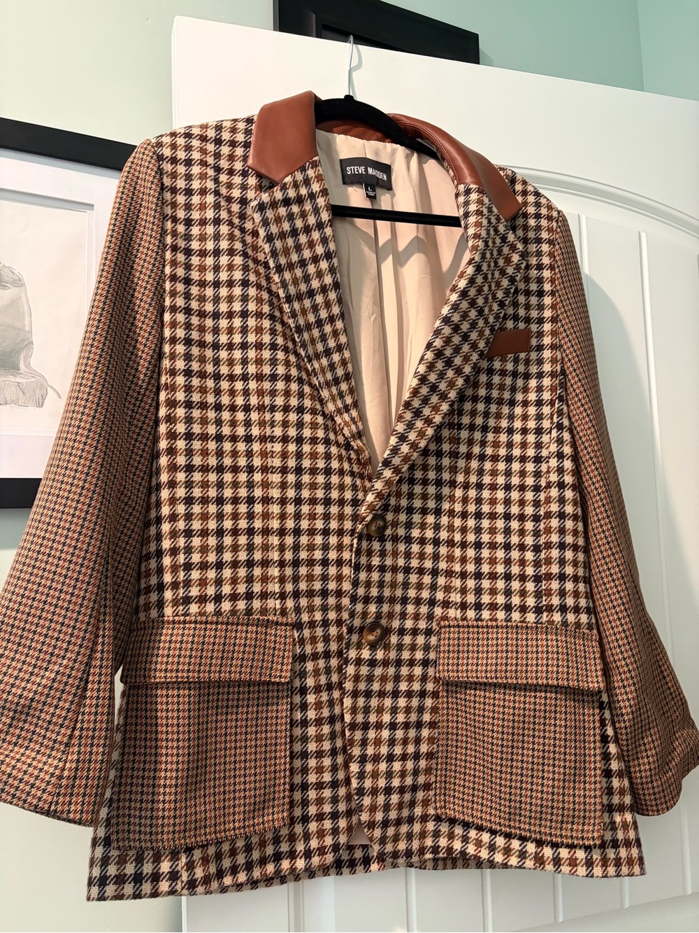 Steve Madden Brown Houndstooth Blazer with Tan Leather Trim